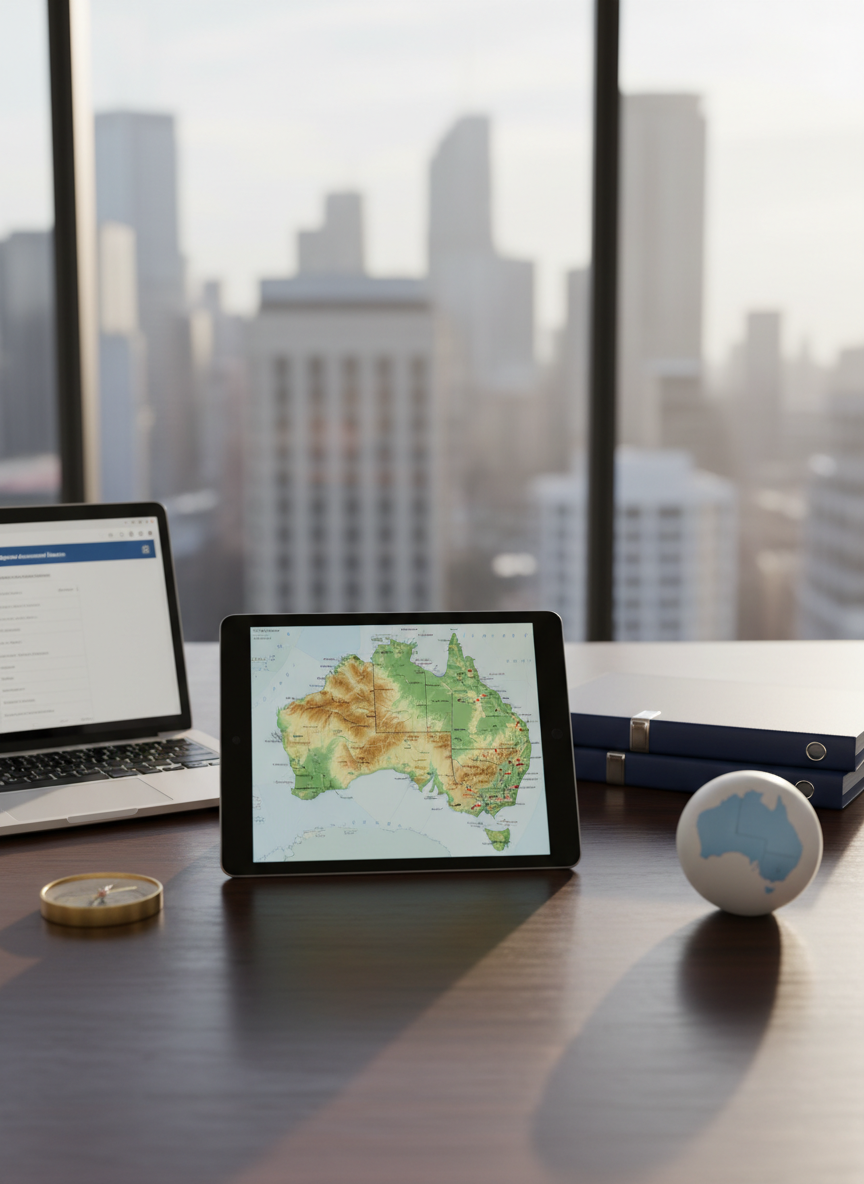 A polished dark-wood office desk neatly arranged with a detailed Australian map on a tablet screen, a slim silver laptop showing a blurred migration assessment form, and a tidy stack of navy blue folders with metal clips. A small brass compass and a ceramic globe featuring Australia prominently sit near the edge, symbolizing direction and global movement. The setting is a bright, modern office with floor-to-ceiling windows revealing an abstracted city skyline. Soft morning daylight streams in, creating gentle reflections on the desk surface and subtle shadows from each object. Photographic realism, eye-level composition with a shallow depth of field keeps the main objects crisp while the background falls into a soft, professional blur, conveying trust, clarity, and organised guidance in migration planning.
