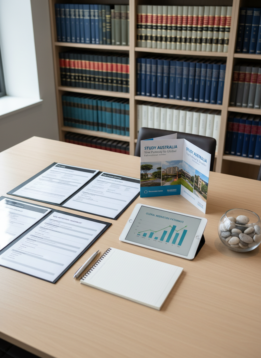 An elegant consultation table in a contemporary office, topped with two open folders displaying blurred visa application checklists, a printed course brochure featuring Australian universities, and a slim digital tablet showing a stylised bar chart of migration pathways. Beside them, a clean notepad with a pen rests perfectly aligned, and a small glass bowl of smooth river stones adds calm. The background reveals tall bookshelves filled with neatly arranged law texts and binders in muted blues and greys. Natural, diffused daylight enters from an unseen window, casting soft, even light with minimal shadows. Shot from a slightly elevated angle in photographic realism, the composition uses the rule of thirds to highlight the organised materials, creating a calm, confident atmosphere of expert education and migration counselling.
