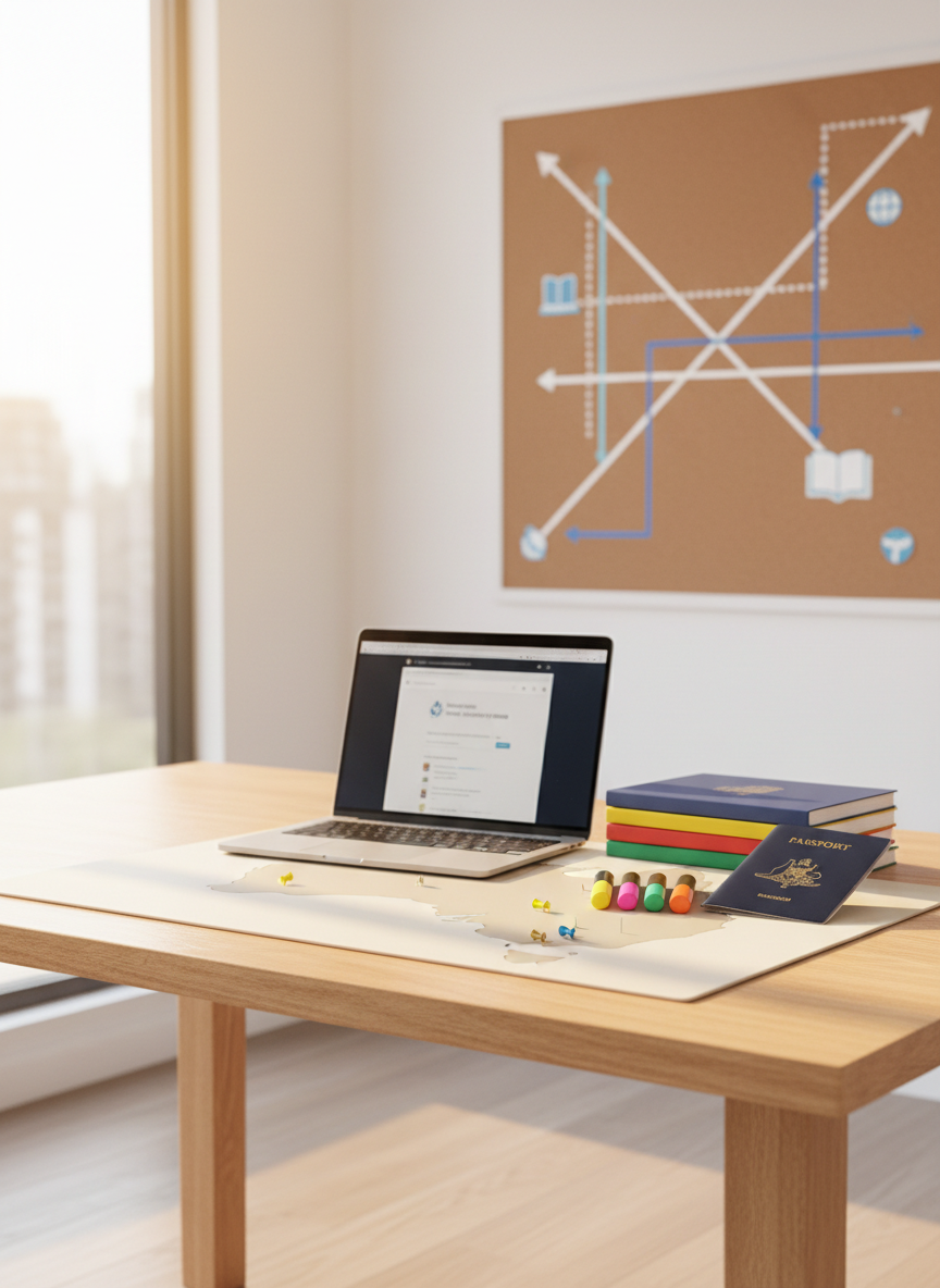 A bright, minimalist study space with a sturdy light-oak desk supporting a sleek laptop showing a blurred Australian university portal, a stack of colour-coded course catalogs, and a navy passport holder placed beside a neatly organised set of highlighters. A subtle outline map of Australia is printed on a desk mat, with small pins marking major cities. In the background, a large pinboard holds abstracted timelines and arrows symbolising study and migration journeys, intentionally unfocused. Soft afternoon light filters through a nearby window, creating warm highlights on the wooden surface and a gentle glow around the desk area. Captured at eye level with photographic realism and moderate depth of field, the scene feels hopeful, structured, and supportive, ideal for illustrating student visa and education pathway preparation.